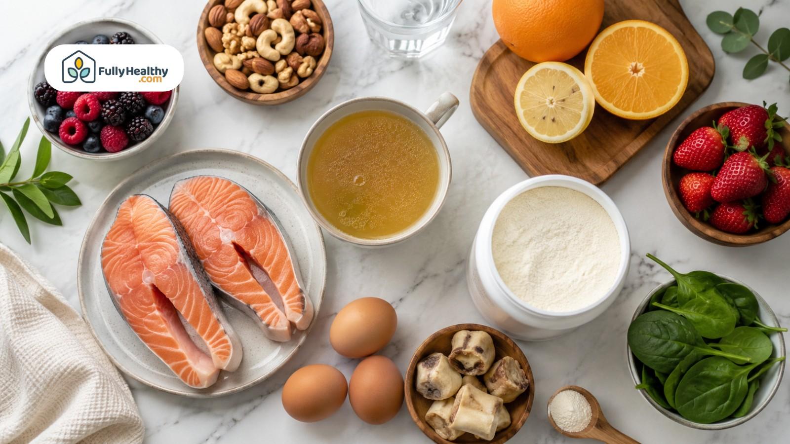 Collagen powder with salmon, eggs, spinach, berries, citrus, nuts, and bone broth