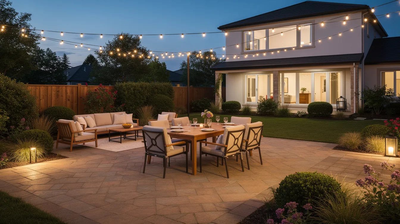 The image depicts a spacious backyard patio made of interlocking pavers, featuring comfortable outdoor furniture and a dining area elegantly illuminated by string lights at dusk. The inviting setting showcases various sizes and colors of paving stones, creating a warm and rustic atmosphere perfect for outdoor gatherings.