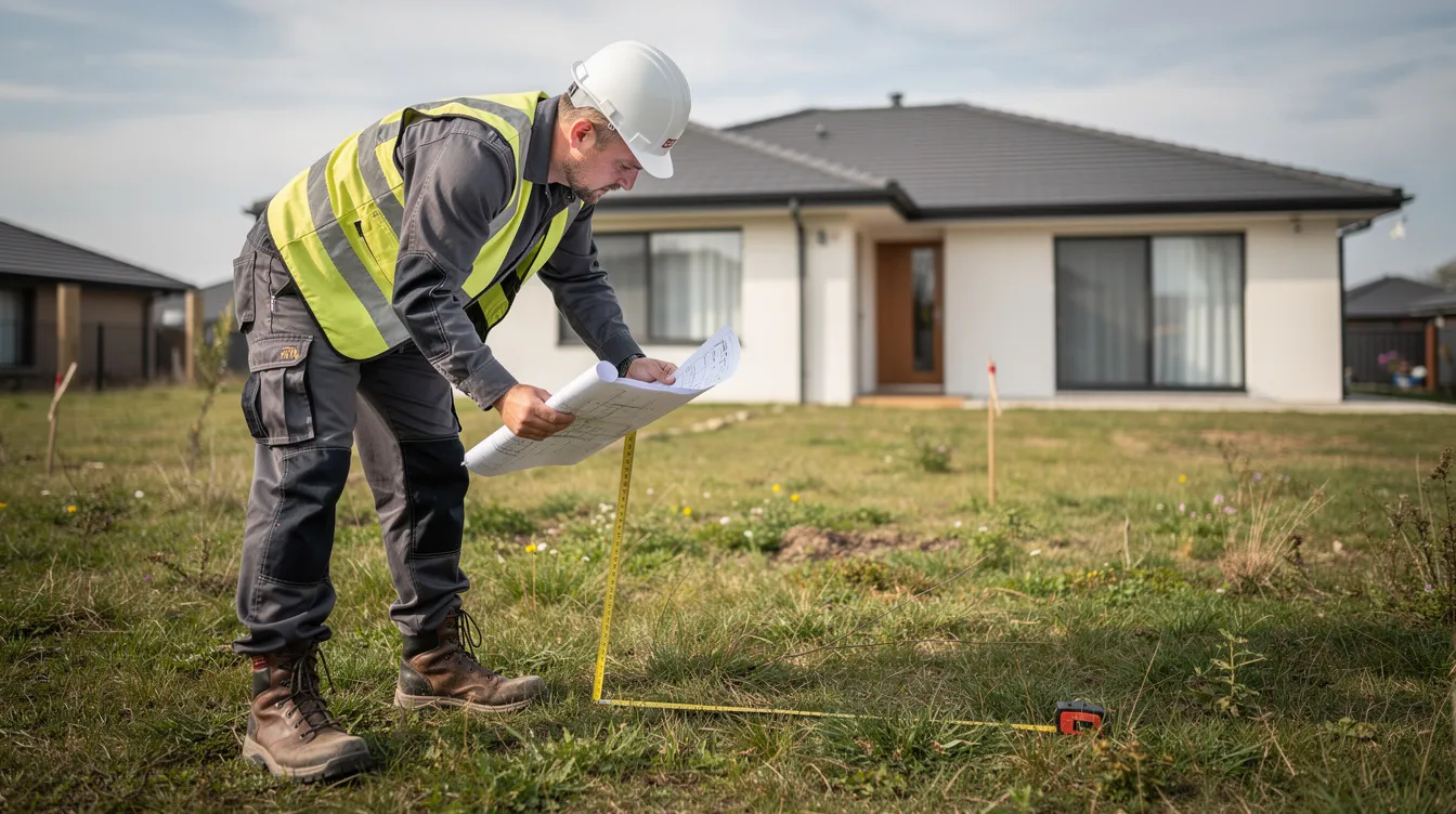 Un technicien en tenue de travail inspecte un terrain, tenant un plan et un mètre, avec une maison en arrière-plan. Cette scène illustre l'importance de l'étude de sol pour l'installation d'une micro station d'épuration dans le cadre d'un projet d'assainissement non collectif.