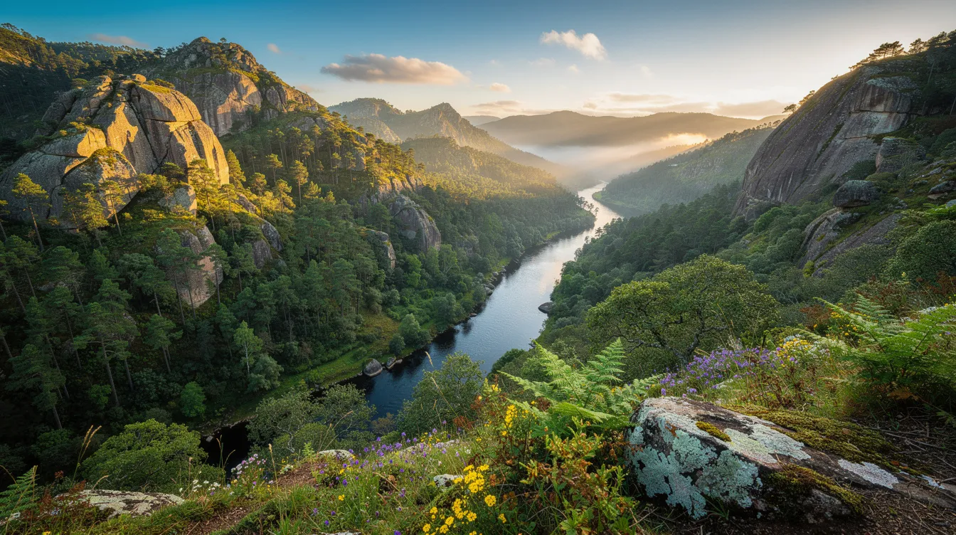 Imagem do Parque Nacional da Peneda-Gerês em Portugal, mostrando uma paisagem deslumbrante com montanhas verdes, rios cristalinos e um céu azul. O parque é um destino popular para passeios em família e turismo, oferecendo uma rica flora e fauna em um ambiente natural de beleza única.