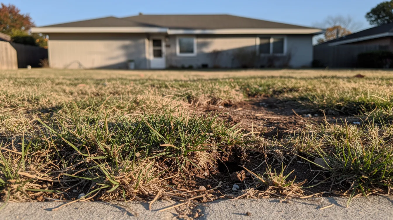The image depicts a patchy lawn with various bare patches of dead grass interspersed among healthier green areas. Visible are signs of lawn repair, such as freshly sown grass seed and brown spots possibly caused by dog urine, illustrating the need for proper lawn care and maintenance.
