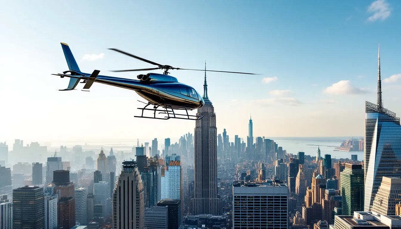 A helicopter landing on a helipad in Manhattan, with the skyline in the background.