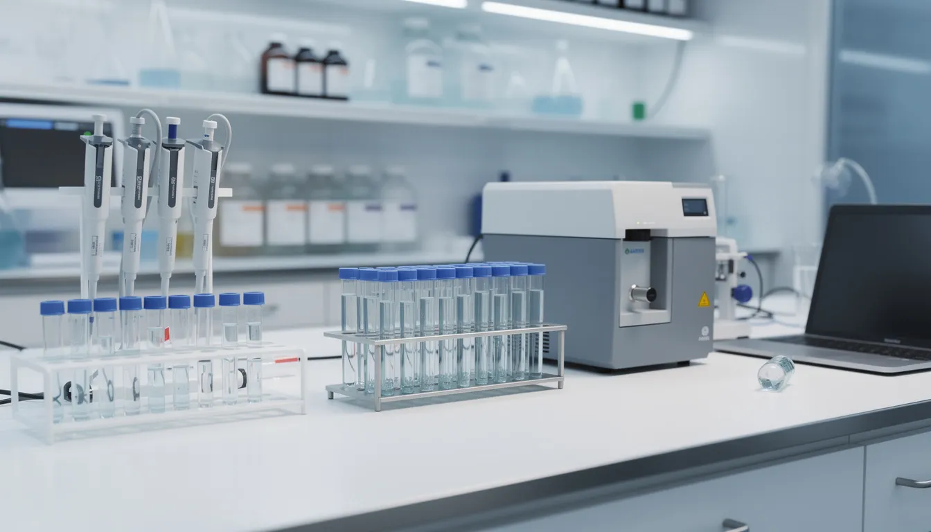 The image depicts a laboratory scene filled with various scientific equipment and test tubes containing clear liquids, symbolizing molecular research related to nicotinamide mononucleotide (NMN) and its potential benefits for cellular health and energy production. This environment reflects the ongoing exploration of NMN supplements and their implications for age-related conditions and metabolic health.