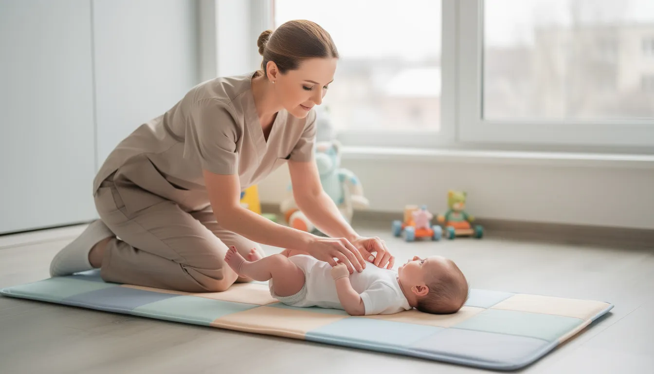 Na macie terapeutycznej fizjoterapeuta delikatnie pracuje z niemowlęciem, pomagając mu w symetrycznym ustawianiu główki oraz w rehabilitacji asymetrii ułożeniowej. Sesja ma na celu wspieranie prawidłowego rozwoju motorycznego dziecka oraz eliminowanie objawów asymetrii.
