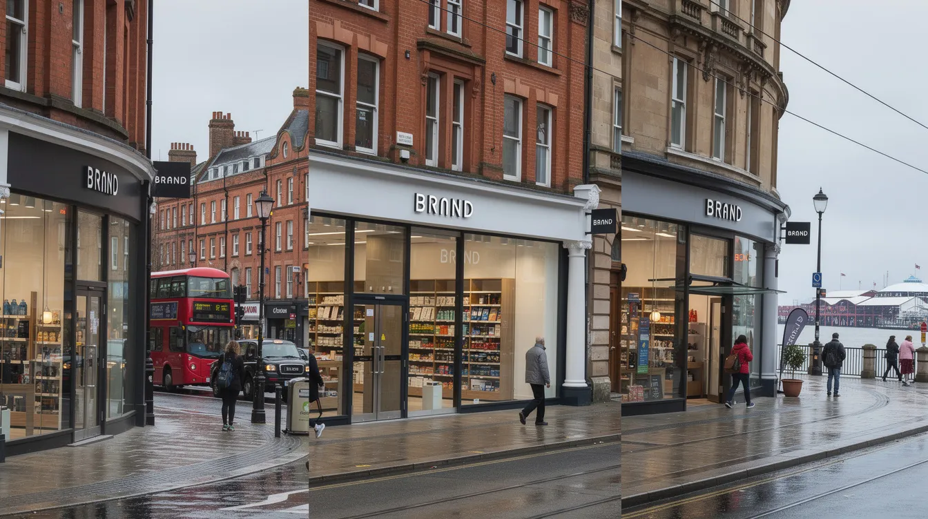 The image depicts multiple identical branded storefronts located in various UK cities, showcasing a successful business model that emphasizes the franchise system. These storefronts represent a strong franchise network, appealing to potential franchisees looking to invest in a proven brand.