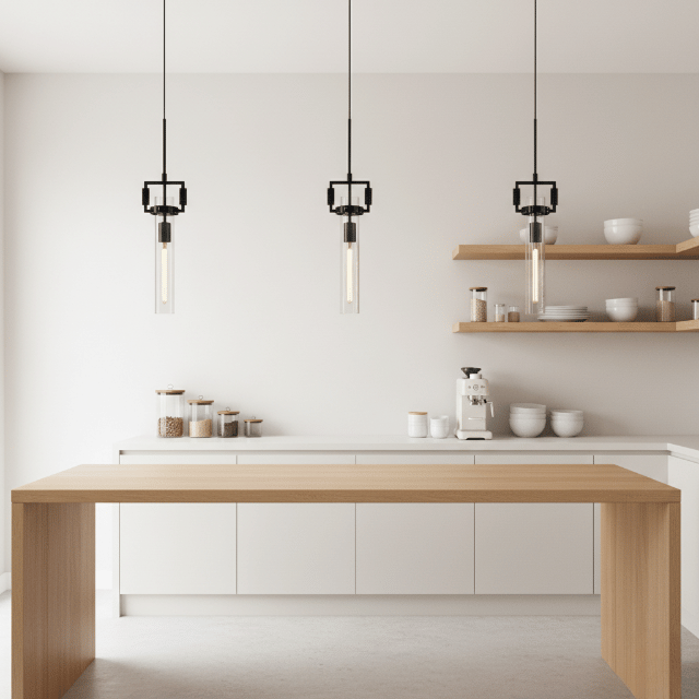 Slim black pendant lights with exposed filament bulbs hanging above a minimalist kitchen island.