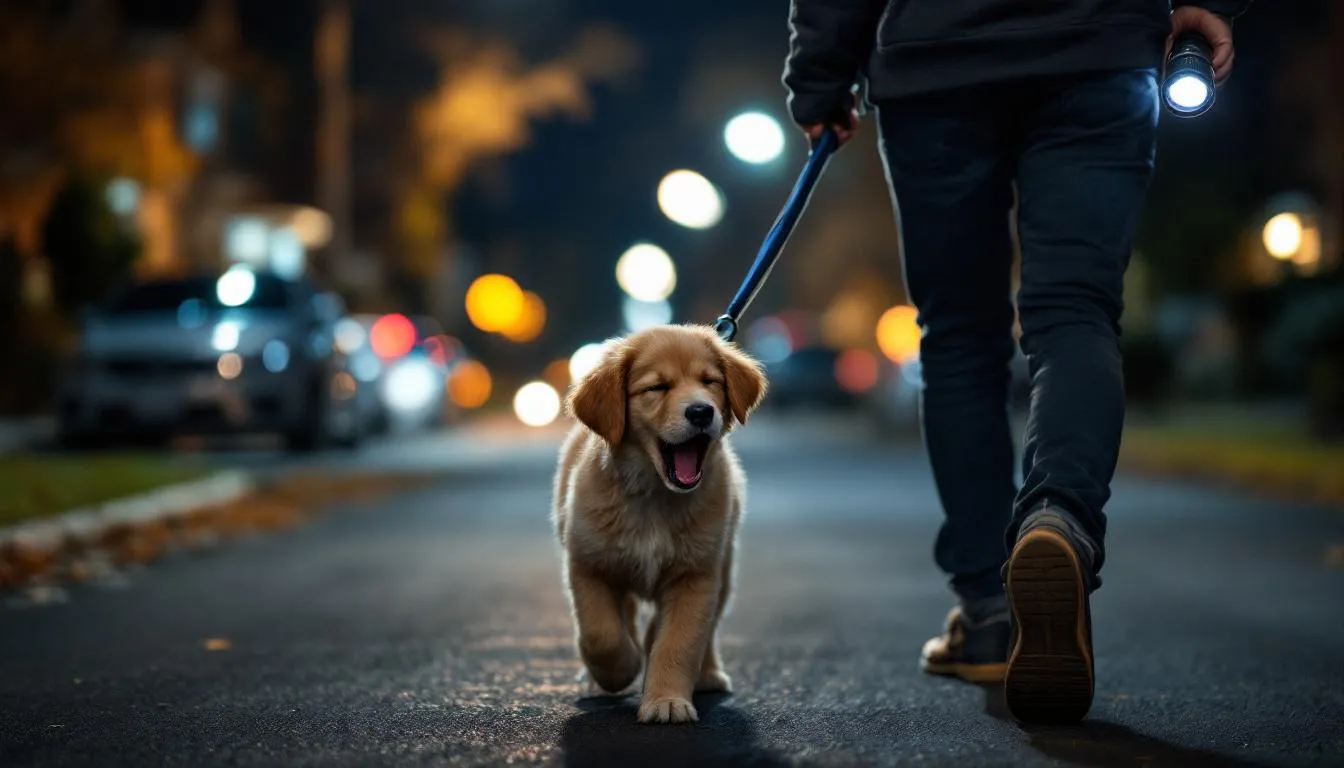 A person is gently taking a sleepy puppy outside on a leash during nighttime for a quick potty break, ensuring the young pup has a chance to relieve itself before settling down for the night. The scene captures the essence of pet parenthood and the importance of a bedtime routine for new puppies.