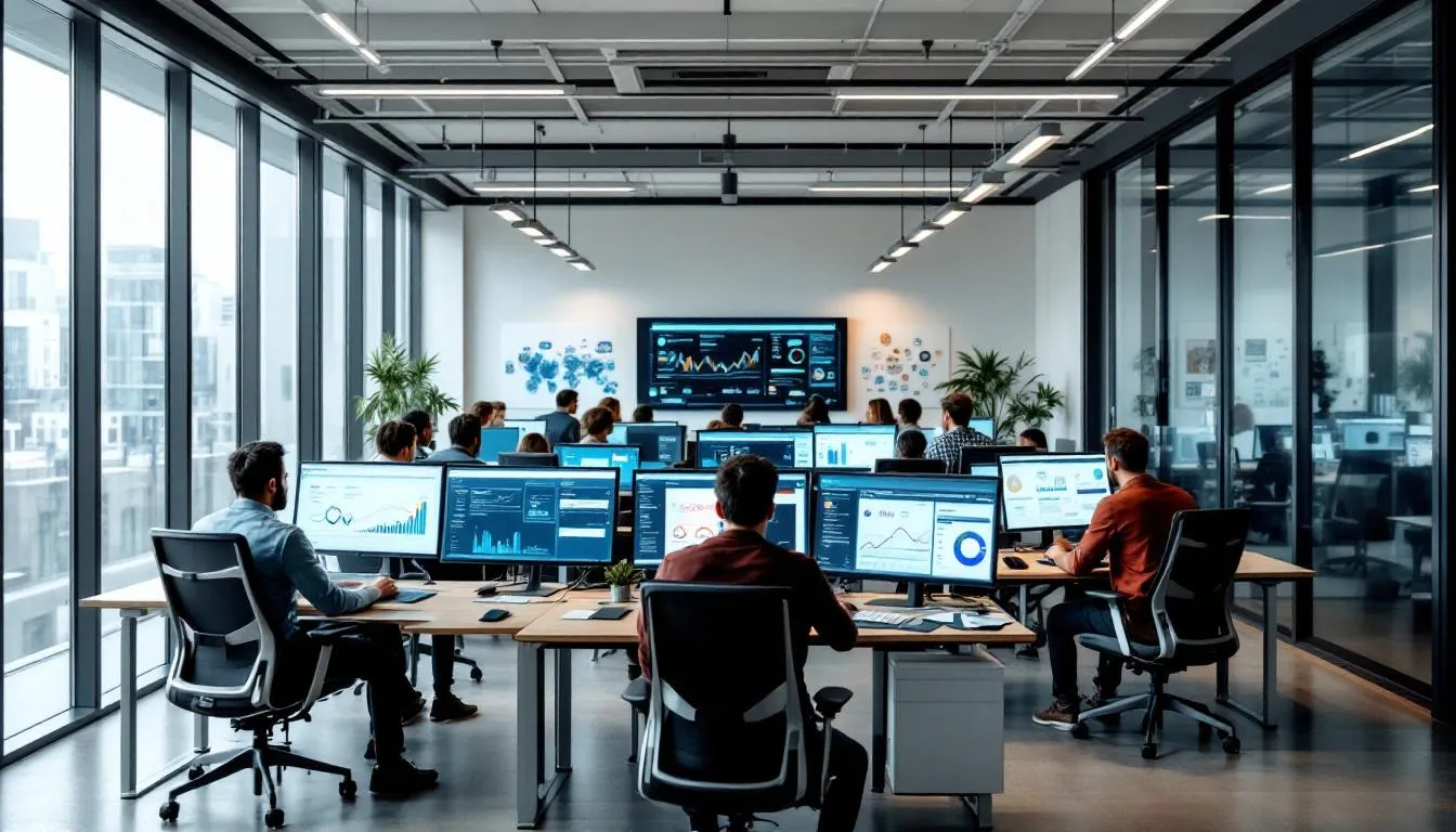 The image depicts a modern digital agency office space featuring multiple screens displaying various analytics dashboards, indicative of a data-driven approach to digital marketing. The setup suggests a focus on digital strategy and performance metrics, essential for top digital marketing agencies and their clients.