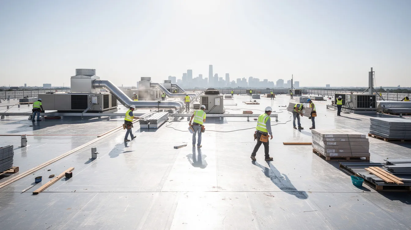 The image depicts workers on a large commercial rooftop construction site, laboring under the intense midday sun with no visible shade, highlighting the critical need for safety measures in the construction industry to prevent heat illness. This scene emphasizes the challenges faced by contractors in managing project costs and ensuring worker safety during complex construction projects.
