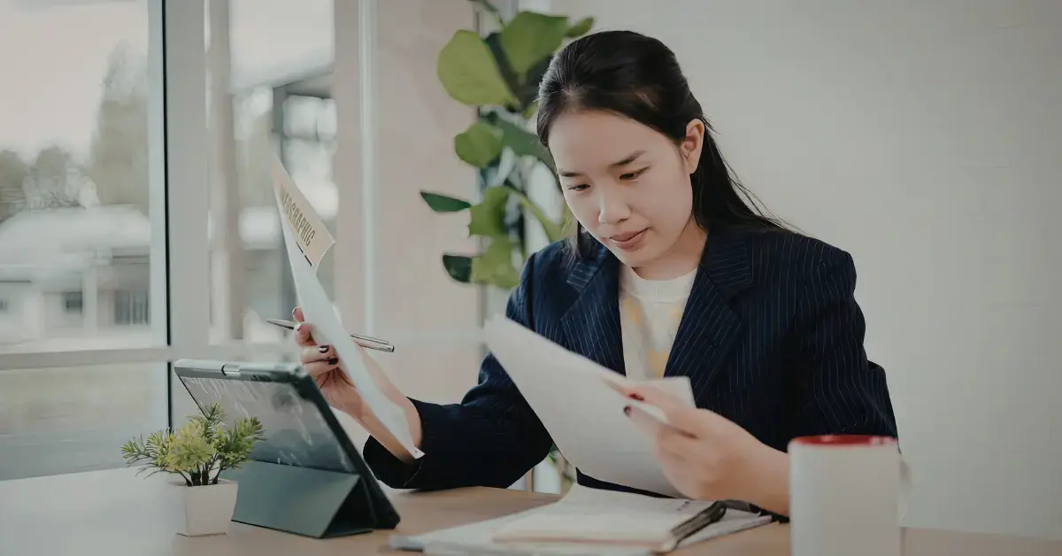 Woman reviewing tax records and chances of getting audited by the IRS based on income and reporting factors.