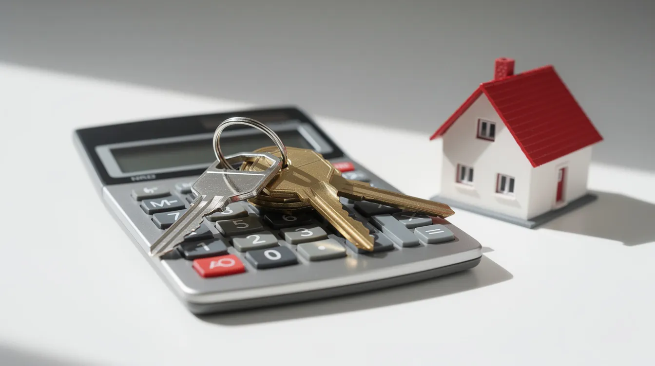 The image features a set of house keys resting on a calculator next to a small model house, symbolizing the financial aspects of real estate transactions, including potential closing costs and brokerage fees. This visual representation highlights the importance of understanding various fees that buyers and sellers may encounter during real estate settlement procedures.