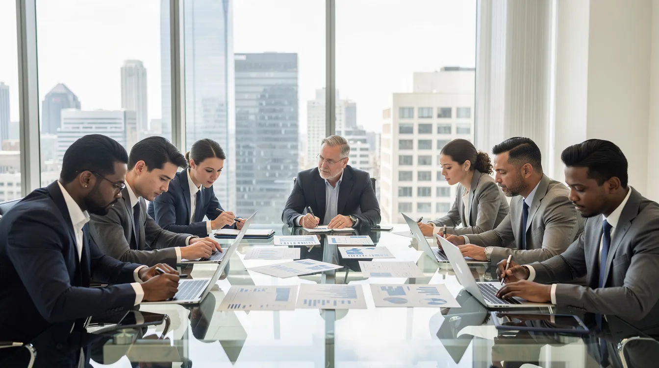 A group of business professionals is gathered around a sleek conference table in a modern office, intently reviewing documents related to mineral rights and legal agreements. Their focus on the papers suggests discussions about oil and gas interests, regulatory compliance, and property rights within the oil and gas industry.