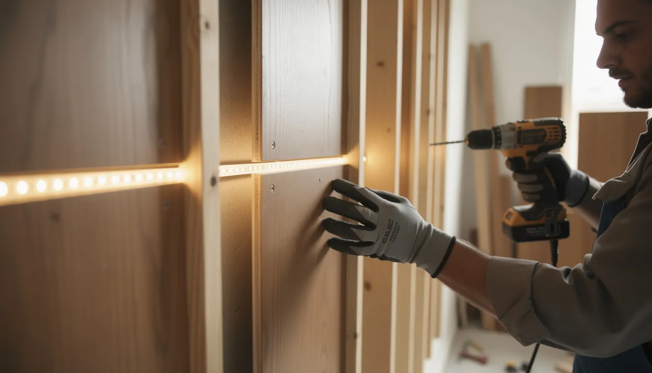 Een persoon monteert houten wandpanelen op een regelwerk, terwijl zichtbare LED-strips een sfeervolle verlichting creëren. De combinatie van de wandpanelen en de hoogwaardige LED-verlichting zorgt voor een moderne en professionele uitstraling in de ruimte.