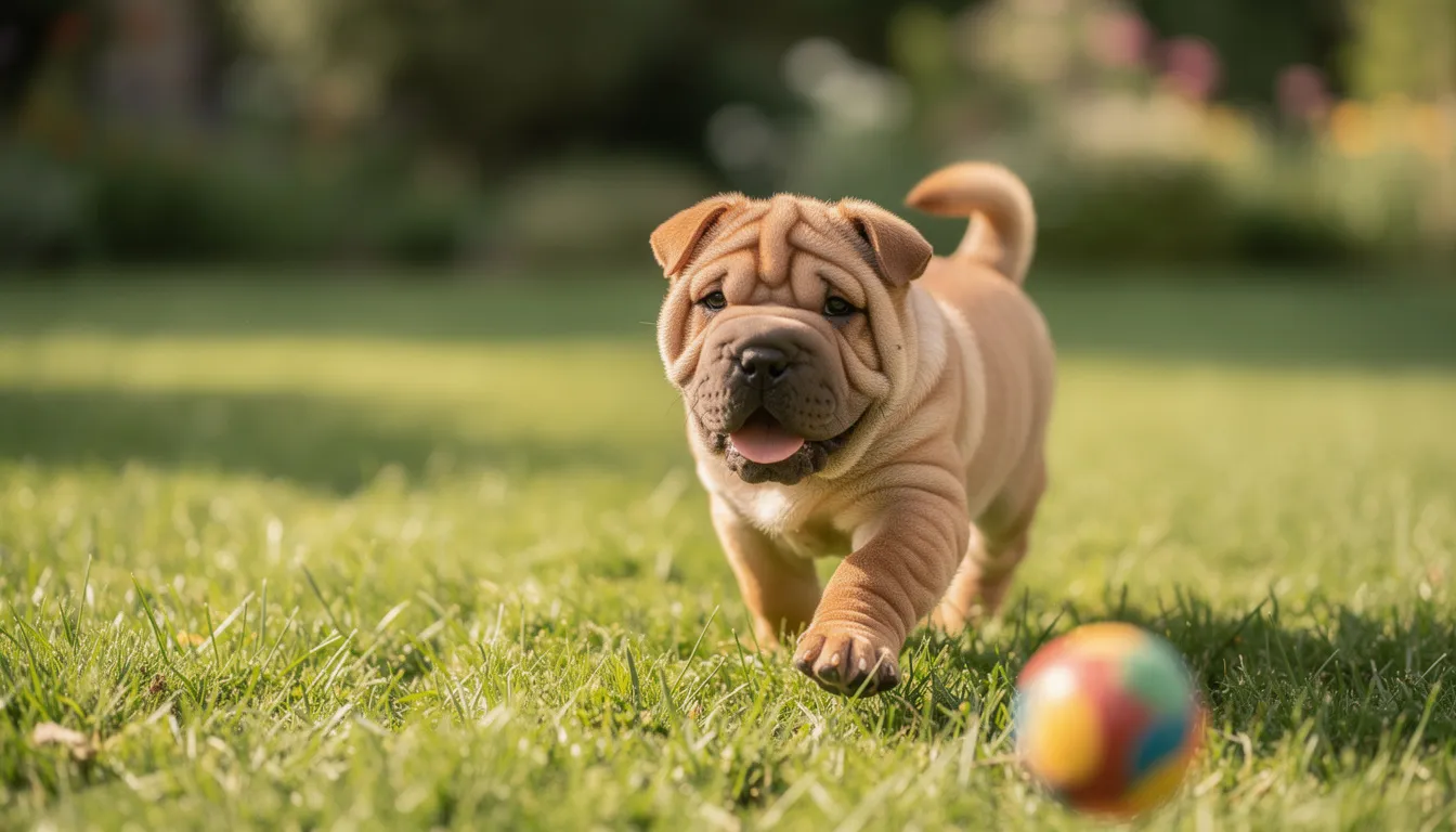 Na zdjęciu widać szczeniaka rasy shar pei, który bawi się na zielonej trawie. Jego pomarszczona skóra i charakterystyczny wygląd sprawiają, że jest on uroczy i przyciąga uwagę miłośników psów.