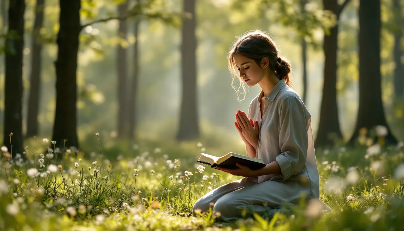 A person is depicted in a prayer position with an open Bible, surrounded by a serene natural landscape that symbolizes trust in God's provision. This scene reflects themes of financial breakthrough and abundance, emphasizing the blessings of the Lord and the glory in Christ Jesus.