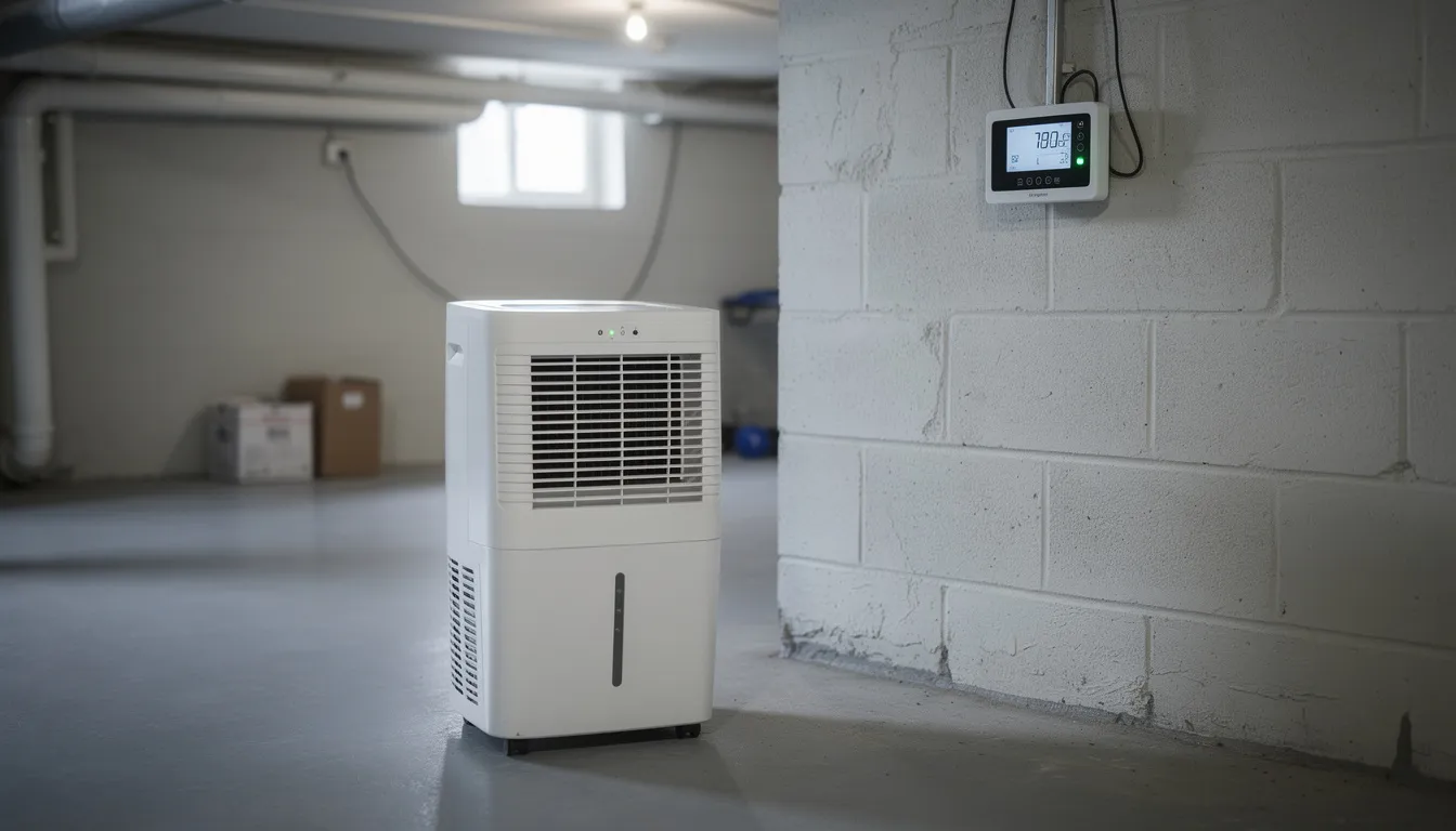 A dehumidifier is actively running in a basement, positioned next to a wall-mounted hygrometer that measures humidity levels. This setup helps to prevent mold growth by reducing moisture, which is crucial for maintaining a healthy living environment and avoiding mold issues like moldy drywall and musty odors.