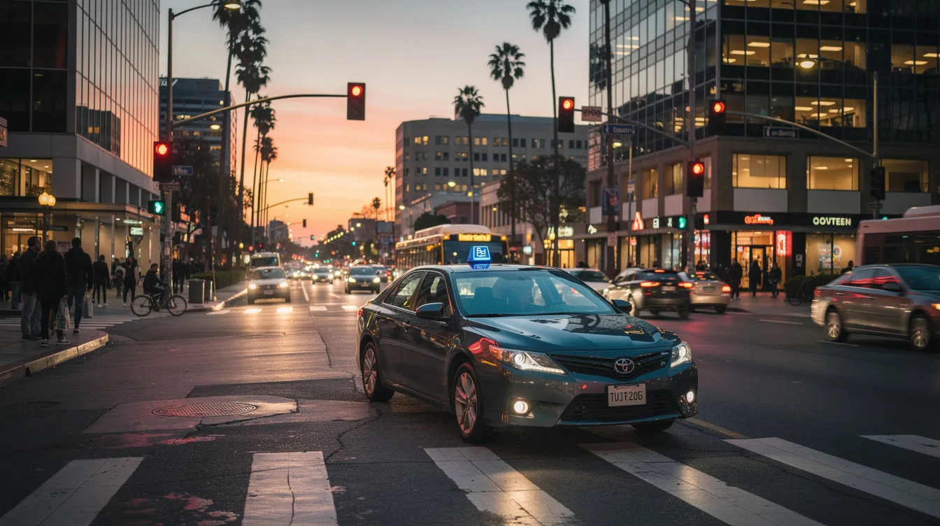 A rideshare vehicle, likely an Uber or Lyft, navigates through a bustling California city intersection at dusk, with city lights illuminating the scene. The image captures the essence of rideshare drivers actively transporting passengers, highlighting the importance of rideshare liability and insurance coverage in the event of an accident.
