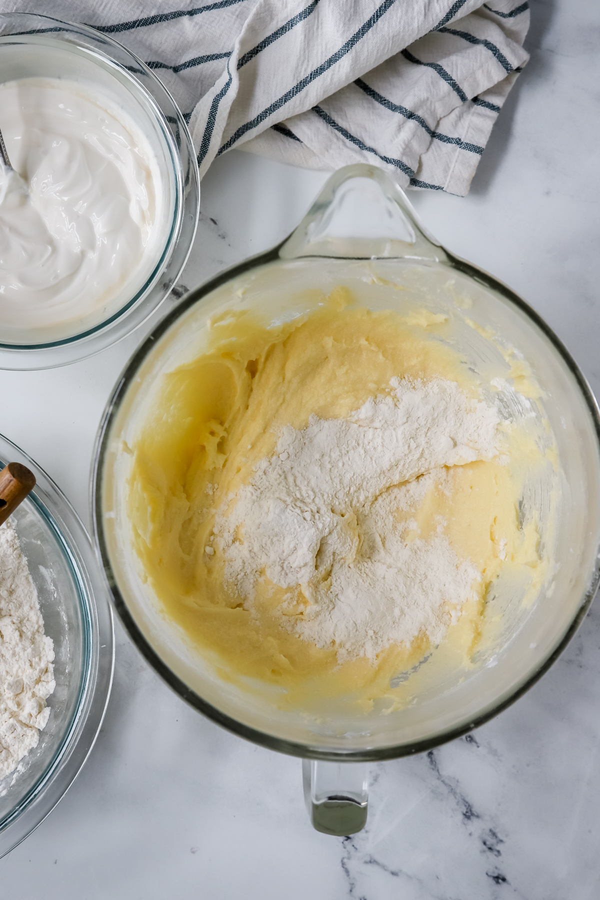 flour mixture added to pound cake batter
