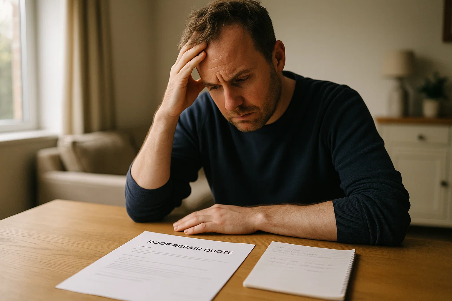 Homeowner reviewing a low roof repair quote that may hide additional costs
