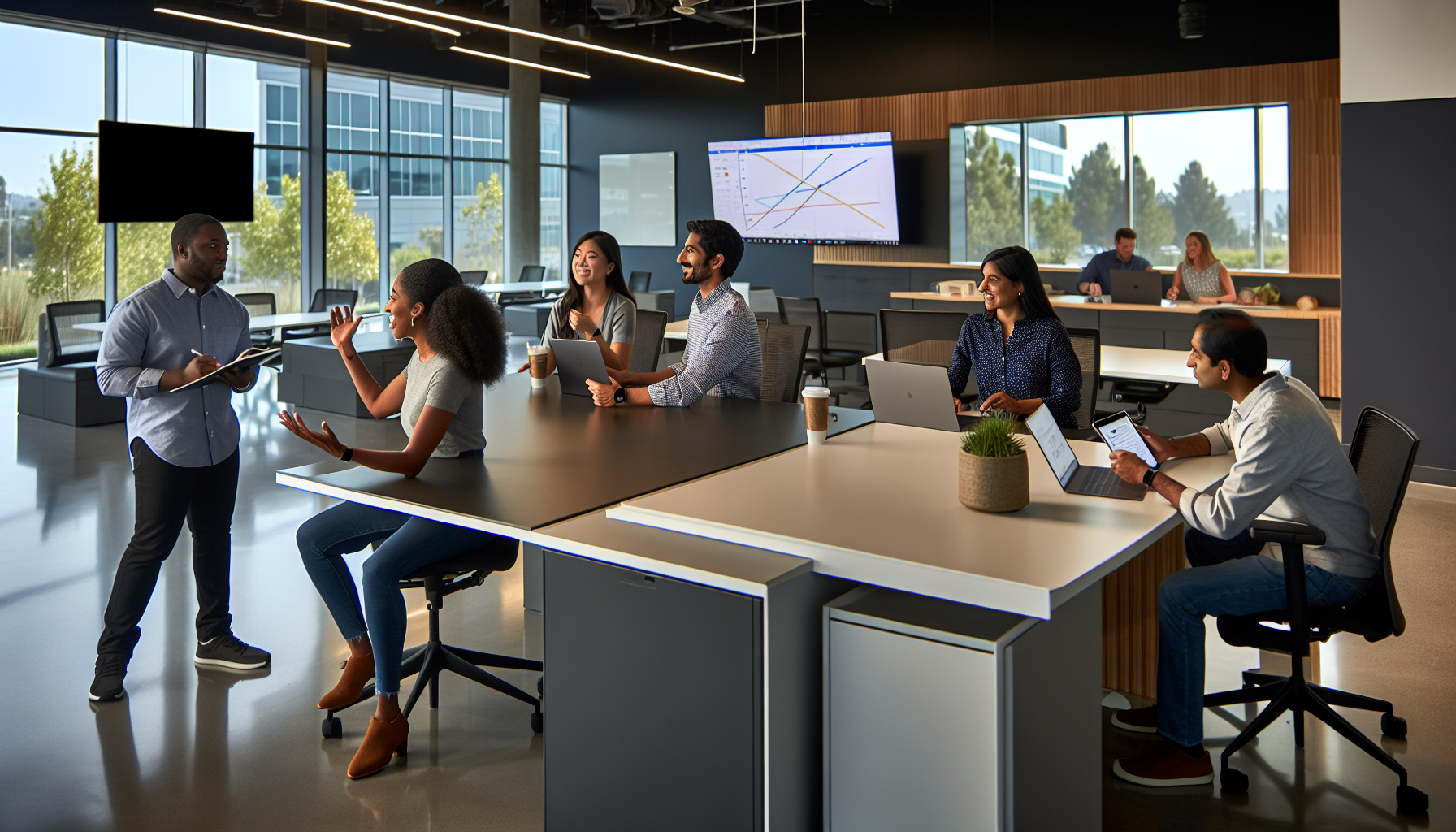 A diverse group of employees collaborating in a modern office space in Walnut Creek, CA