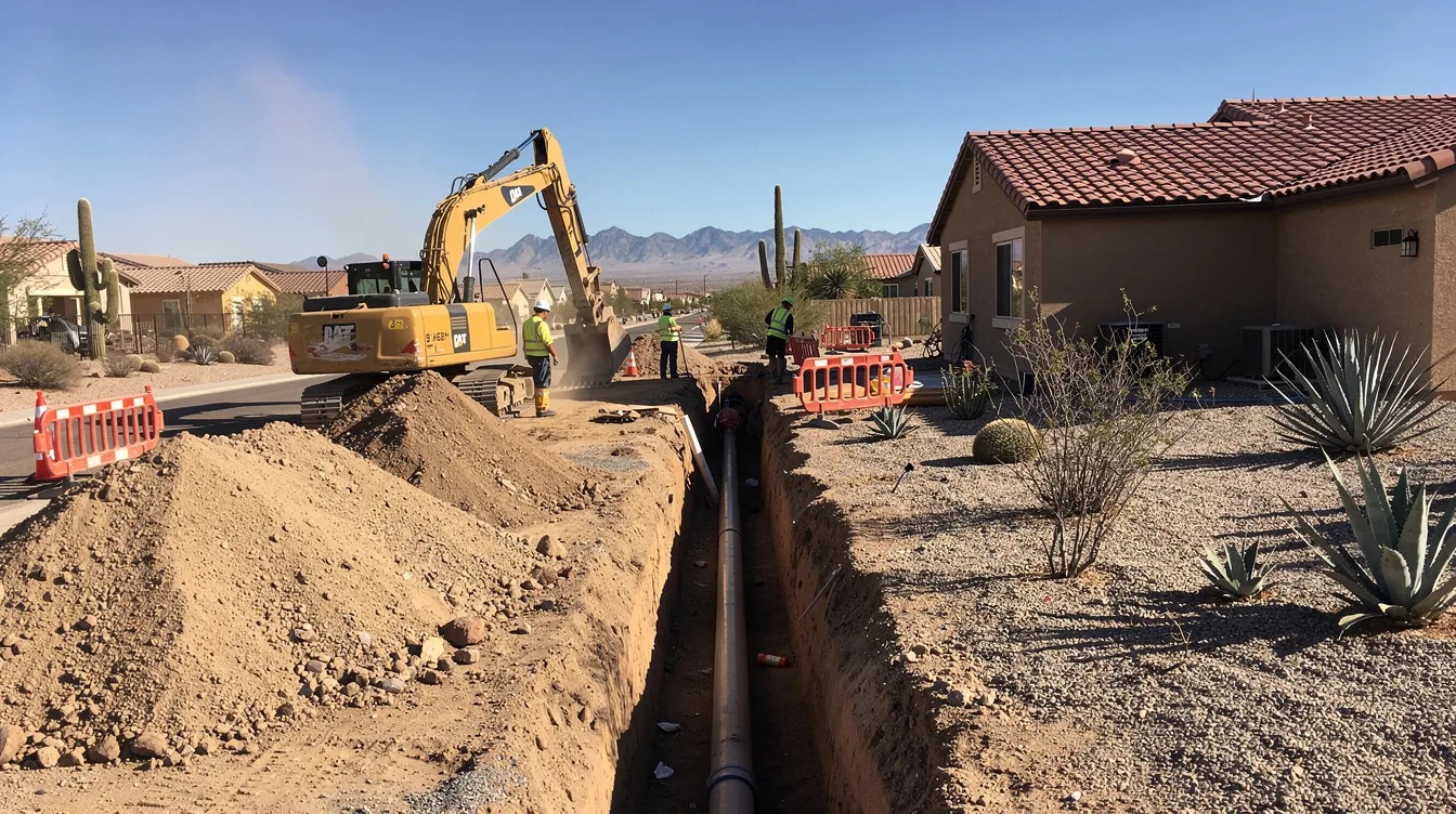 An excavation crew is working on a residential sewer line replacement in the Arizona desert, utilizing heavy machinery to address sewer line issues. The scene features the equipment digging into the dry, sandy landscape, highlighting the process of repairing a broken sewer line with minimal disruption to the surrounding area.