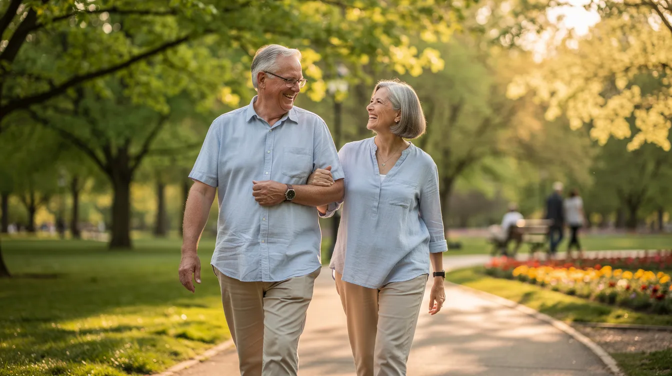 A retired couple strolls hand in hand through a lush park, embracing an active retirement lifestyle. Their joyful expressions reflect the freedom and security that come from careful retirement planning and savings.