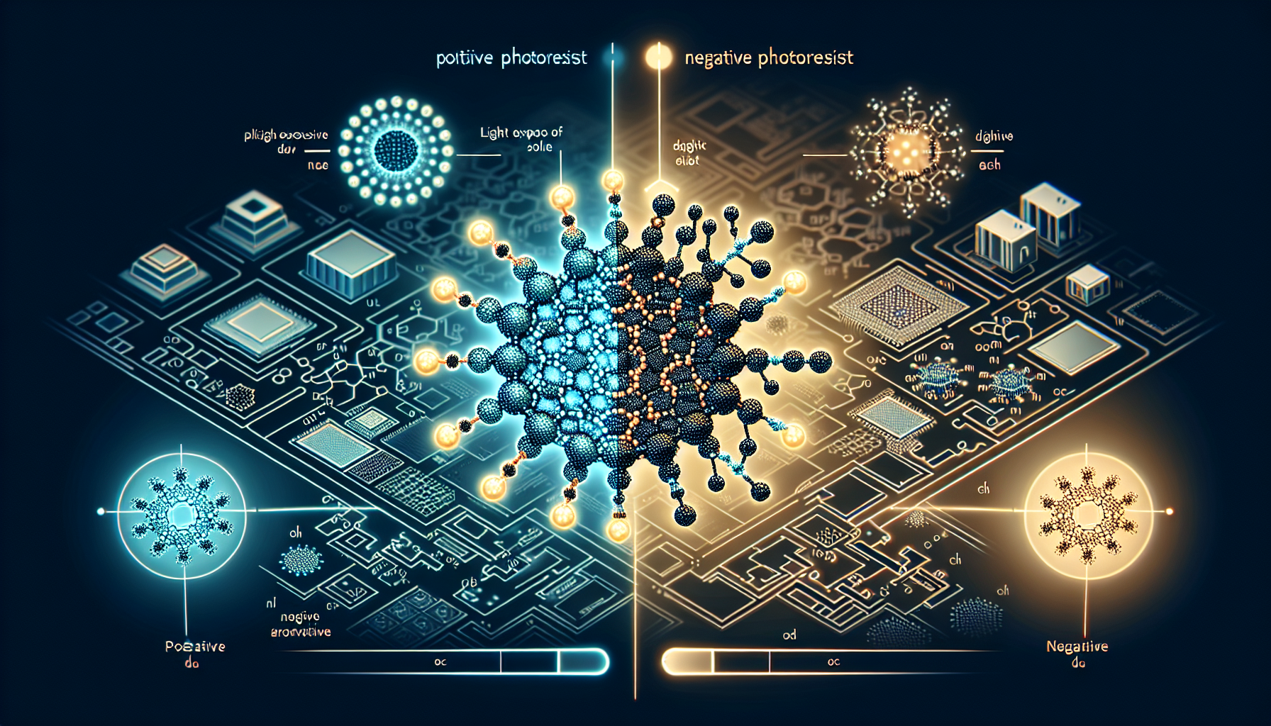 An illustration comparing positive and negative photoresists used in photolithography.