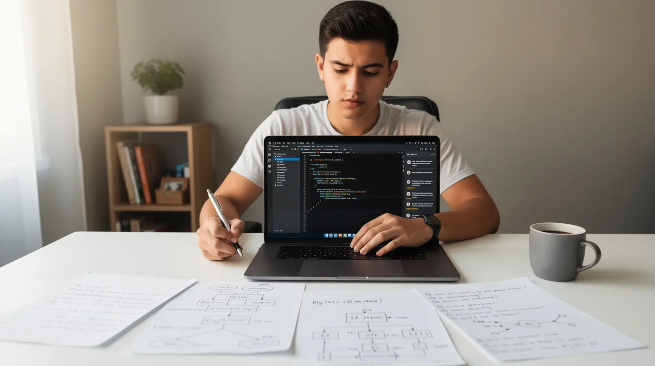 The image shows a person seated at a desk, focused on a laptop as they prepare for a technical interview. Surrounding them are notes and diagrams related to ai agents, multi-agent systems, and other concepts essential for understanding complex tasks and collaborative agents.