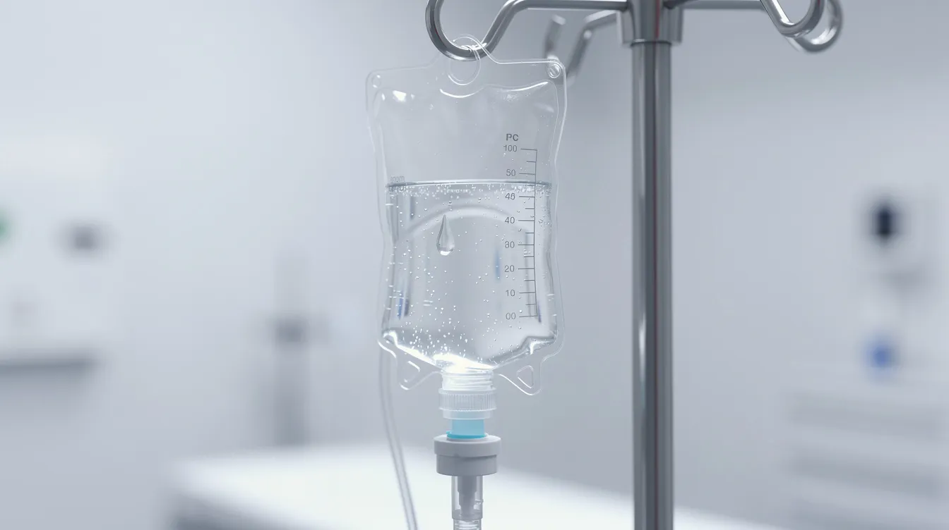 The image shows a medical IV drip bag suspended from a stand in a clinical environment, highlighting the importance of IV therapy in supporting healthy metabolism and energy production in patients undergoing treatment for age-related diseases. The setting emphasizes the role of clinical trials in exploring the benefits of supplements like nicotinamide riboside for enhancing cellular energy and mitochondrial function.