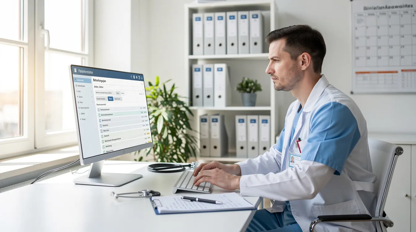 Eine Gesundheitsfachkraft sitzt konzentriert an einem Computer in einem hellen Büro und arbeitet mit branchenspezifischer Software, um Daten für die Abrechnung und den Überblick über die Leistungen zu verwalten. Im Hintergrund sind verschiedene Produkte und Services sichtbar, die für das Onboarding von Leistungserbringern genutzt werden können.