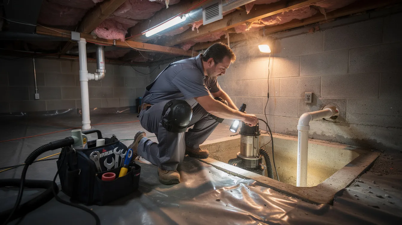 A licensed plumber is inspecting and cleaning a sump pump system in a residential crawlspace, ensuring its efficient operation to prevent flooding and water damage in homes. The technician checks the discharge pipe and assesses the unit for any common issues, highlighting the importance of regular maintenance for effective sump pump services in the Phoenix area.