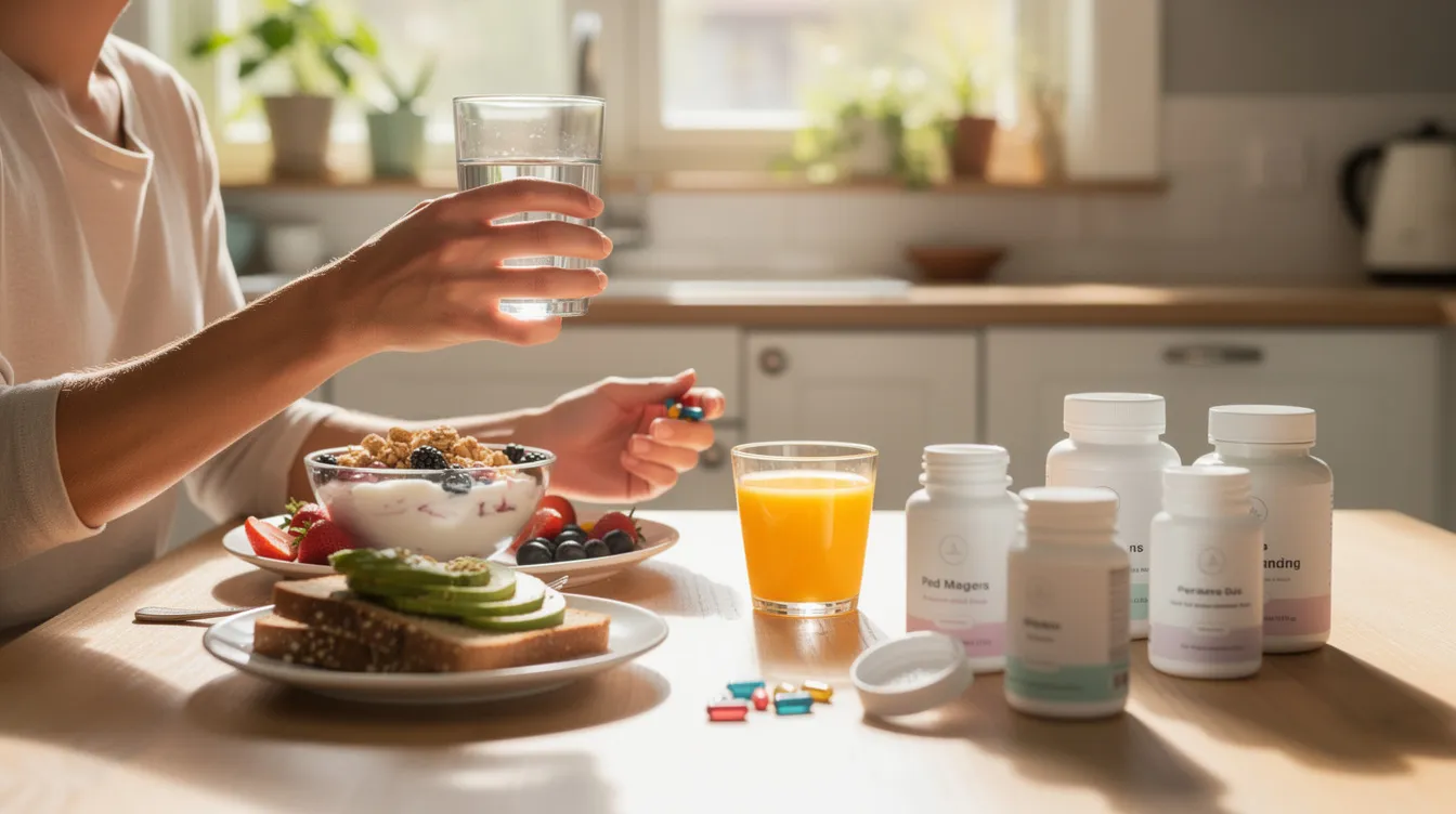 A person is taking NAD supplements alongside a healthy breakfast in a bright morning kitchen, emphasizing their commitment to overall cellular health and energy production. The scene reflects a focus on maintaining optimal energy levels and supporting cognitive function as part of a balanced lifestyle.