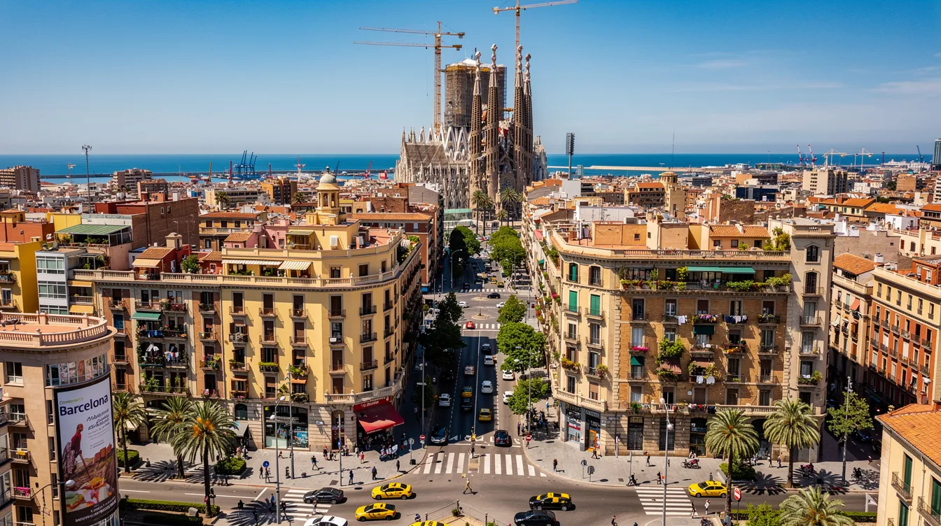 A imagem retrata a vibrante cidade de Barcelona, com suas icônicas obras arquitetônicas, como a Sagrada Família, e uma vista deslumbrante das serras ao fundo. É um destino repleto de maravilhas para viajantes que buscam explorar as atividades culturais e turísticas da região.