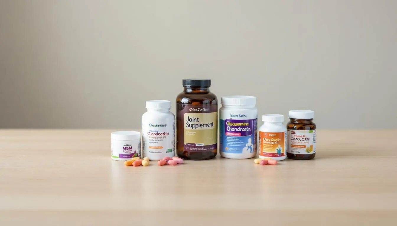 A variety of joint supplement bottles and chews are neatly arranged on a table, showcasing options for supporting joint health in dogs. These products, designed to ease joint stiffness and promote joint mobility, include ingredients like glucosamine, chondroitin sulfate, and omega 3 fatty acids, ideal for pet parents looking to maintain their dog