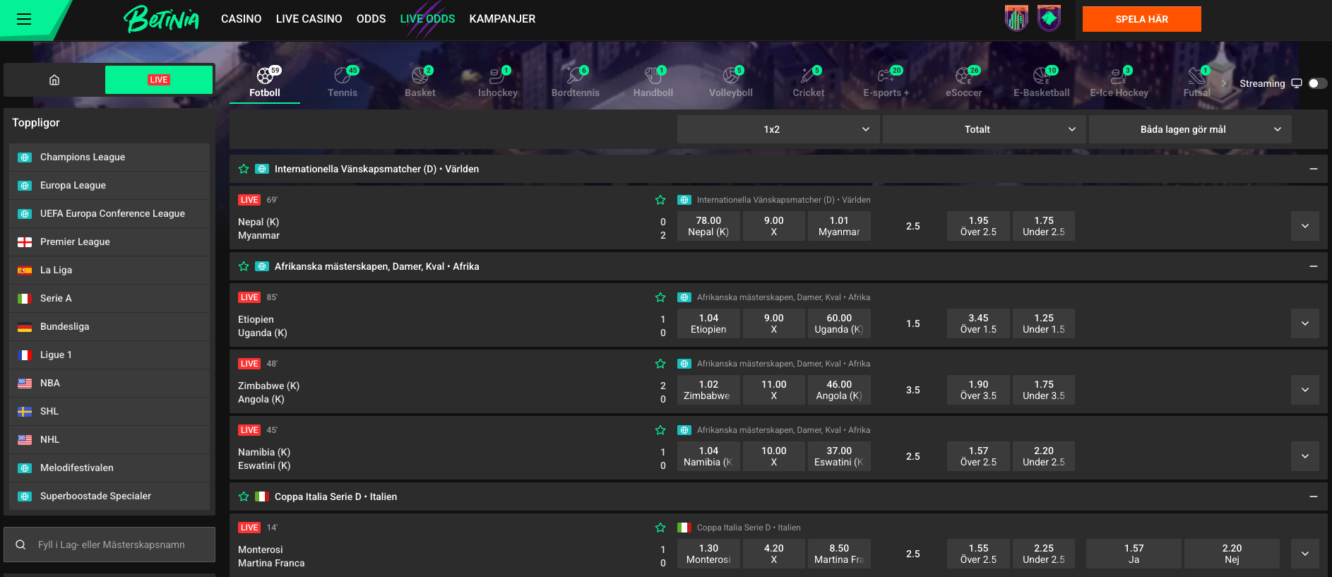 betinia live betting