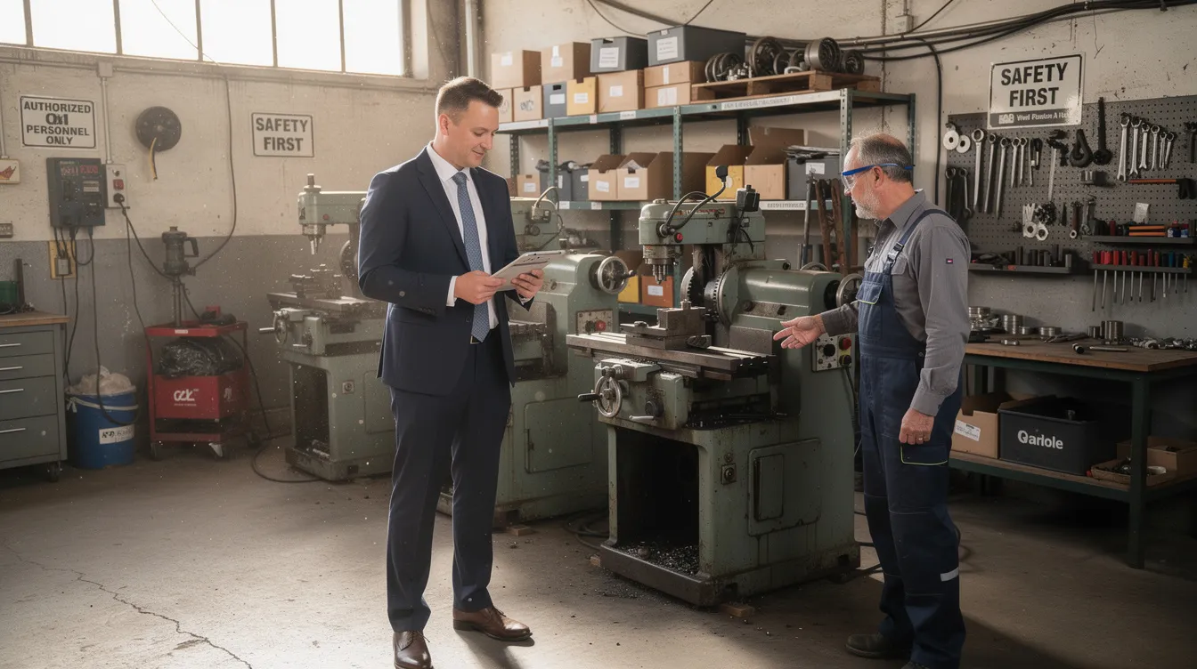 A bank officer is seen visiting a small workshop, inspecting various machinery and inventory to assess the business's financial needs. This interaction highlights the importance of financial assistance options like mudra loans for small enterprises looking to expand and manage working capital.