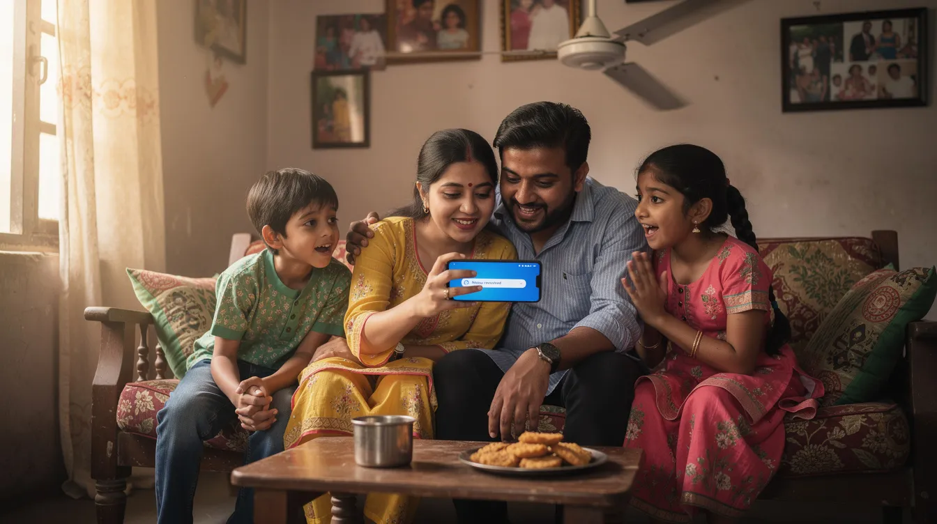 A joyful family is gathered in their South Asian home, excitedly looking at a mobile phone as they receive a notification about an incoming money transfer. This moment highlights the ease of managing personal and business finances with a wise personal account or wise business account, emphasizing the benefits of international payments and transparent fees.