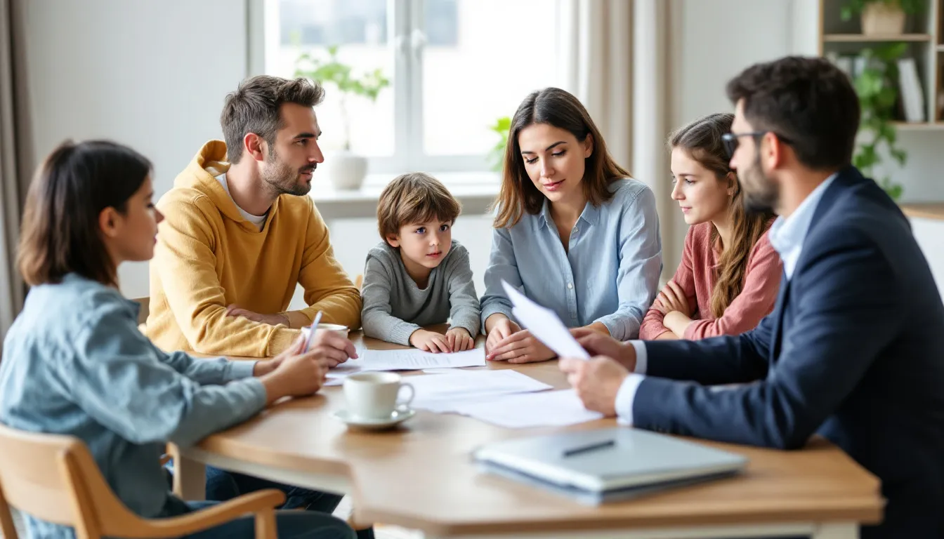 Uma família se reúne com um advogado em um ambiente de escritório, discutindo documentos legais relacionados à herança e à transmissão causa mortis. Eles estão analisando informações sobre bens móveis e imóveis, além de orientações sobre isenção de impostos, como o ITCMD, em São Paulo.