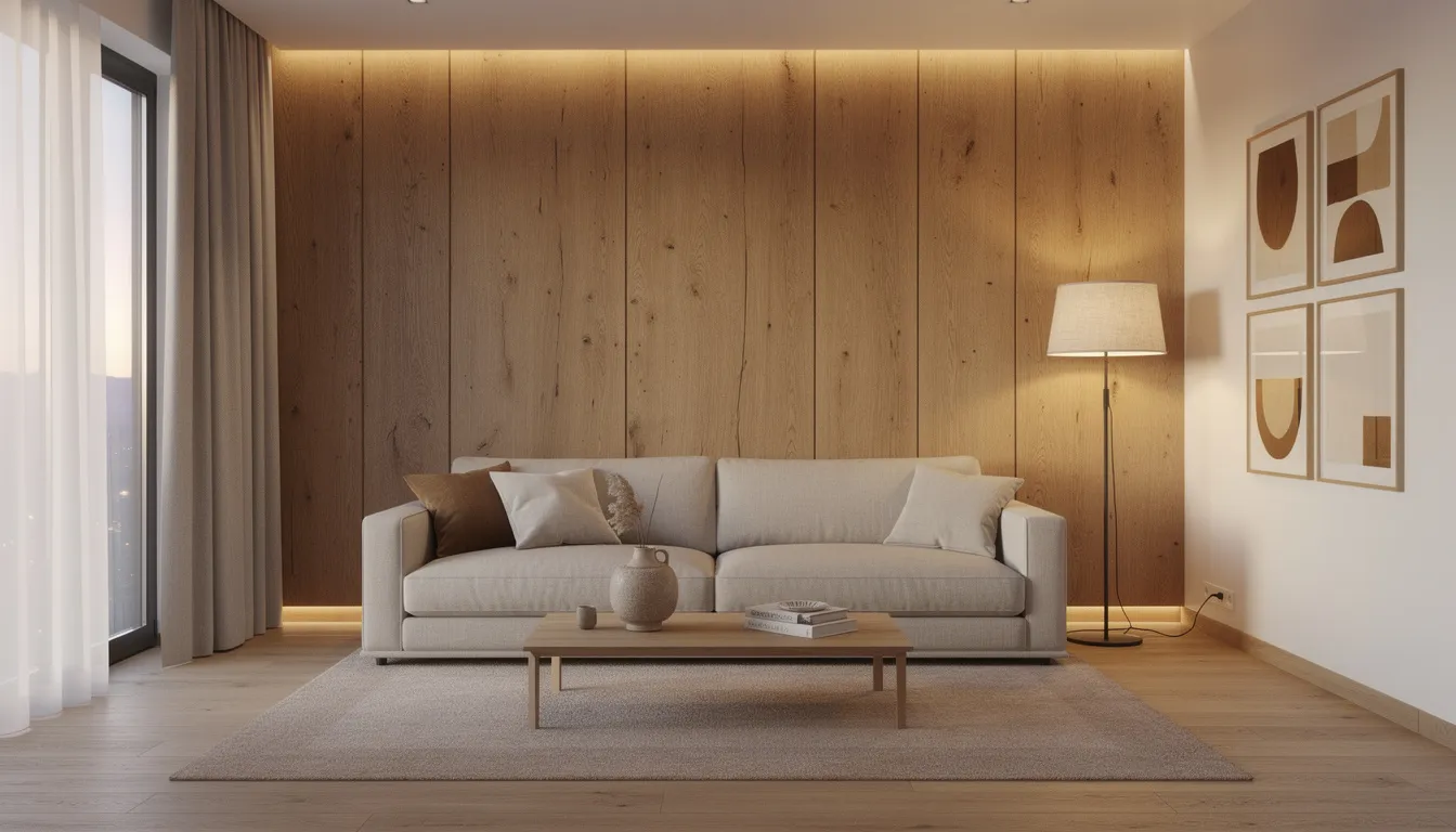 Een moderne woonkamer met warme houten wandpanelen, achter een stijlvolle beige bank, die een gezellige sfeer creëert met sfeervolle verlichting. De natuurlijke schoonheid van de massieve houten wandpanelen voegt een luxe uitstraling toe aan het interieur.