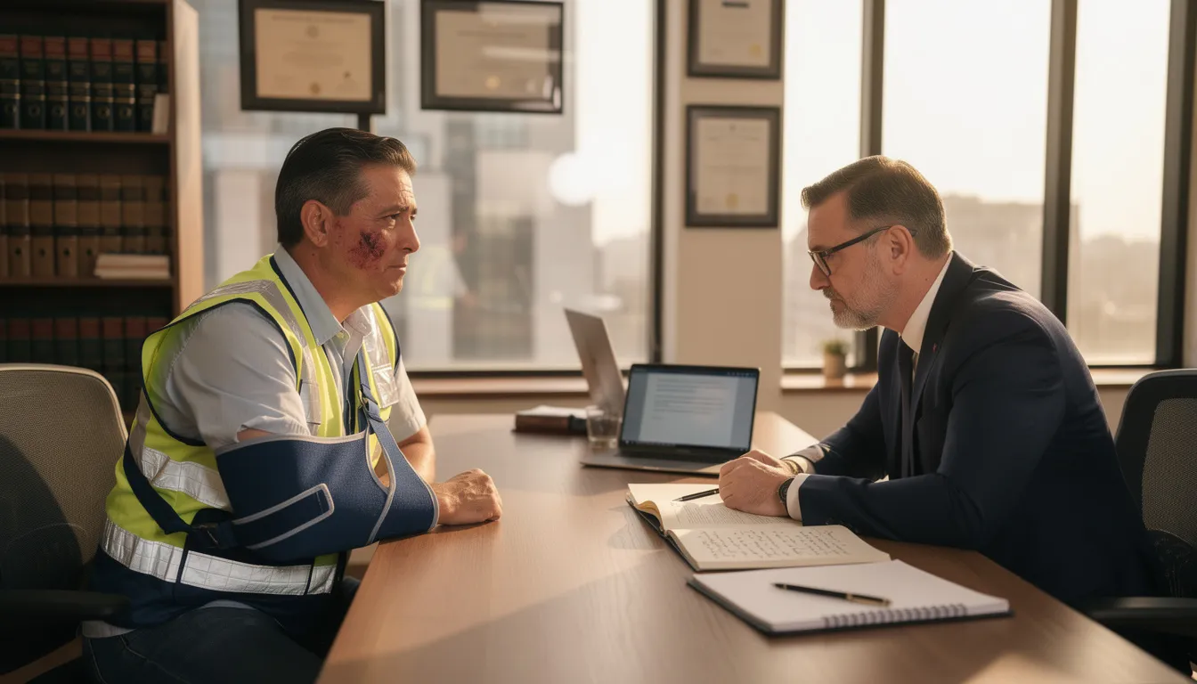An injured worker is seated at a desk in an office, discussing their workers compensation claim with a compassionate attorney. The meeting focuses on the worker's rights to receive benefits for medical treatment and lost wages due to a workplace injury, highlighting the importance of legal support for injured workers in navigating the compensation process.