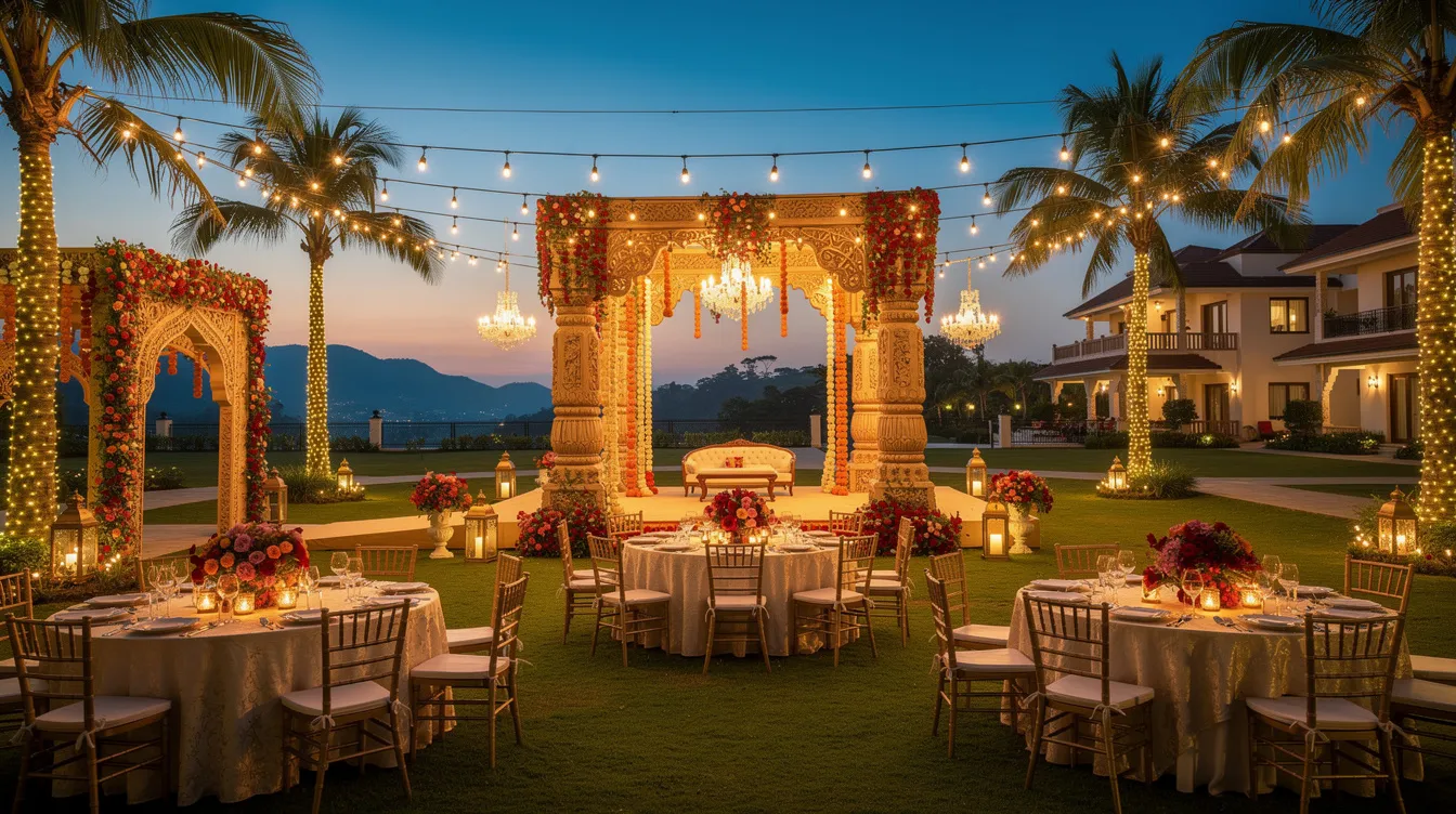 e178b533 6347 4968 b140 2a3256e9e455 The image showcases an elaborate outdoor destination wedding setup at an Indian resort, adorned with decorative lighting that creates a romantic ambiance. This luxurious setting highlights the importance of maintaining a high occupancy rate in the hospitality industry to achieve profitability and enhance the guest experience.