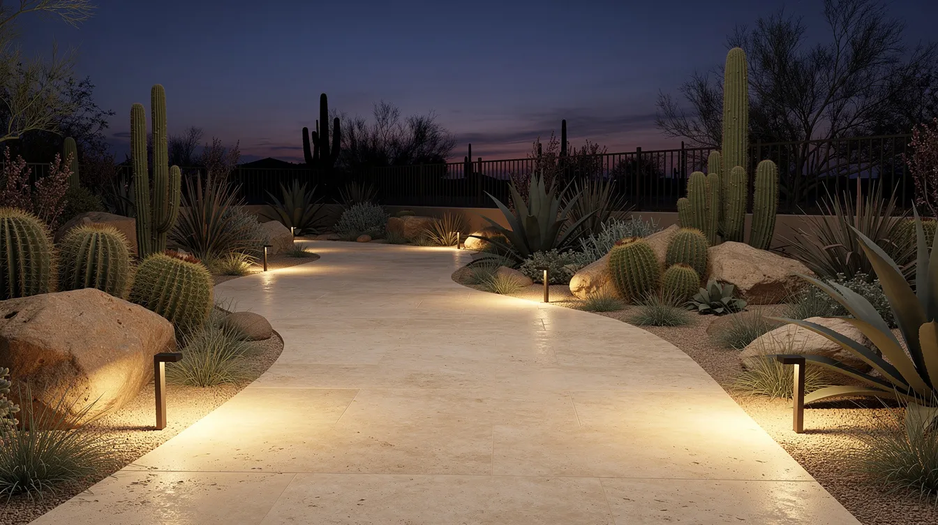 An inviting evening backyard scene features a warm pathway illuminated by soft lights, highlighting a cream travertine walkway bordered by desert plants and boulders. The natural stone creates a serene atmosphere, perfect for outdoor spaces.