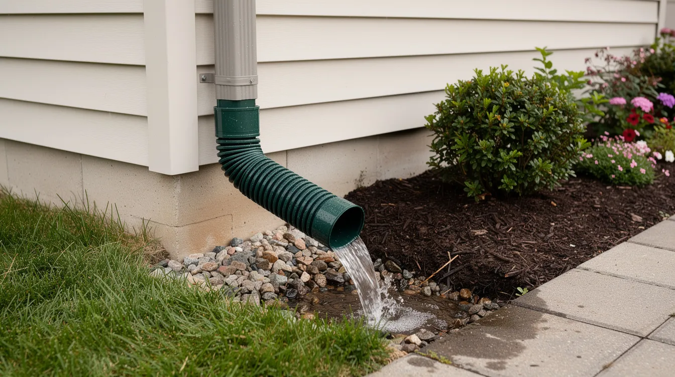 The image shows a downspout extension effectively directing rainwater away from a home's foundation, surrounded by a well-maintained landscaped yard. This setup is crucial for preventing water damage and debris accumulation near the house, highlighting the importance of a quality gutter system for homeowners.