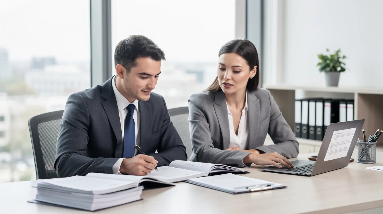 A professional couple is seated at a modern office desk, reviewing legal documents related to their prenuptial agreement, which outlines financial responsibilities and property rights in accordance with California law. The atmosphere is focused, reflecting the importance of addressing family law issues and ensuring the best interests of both parties involved.
