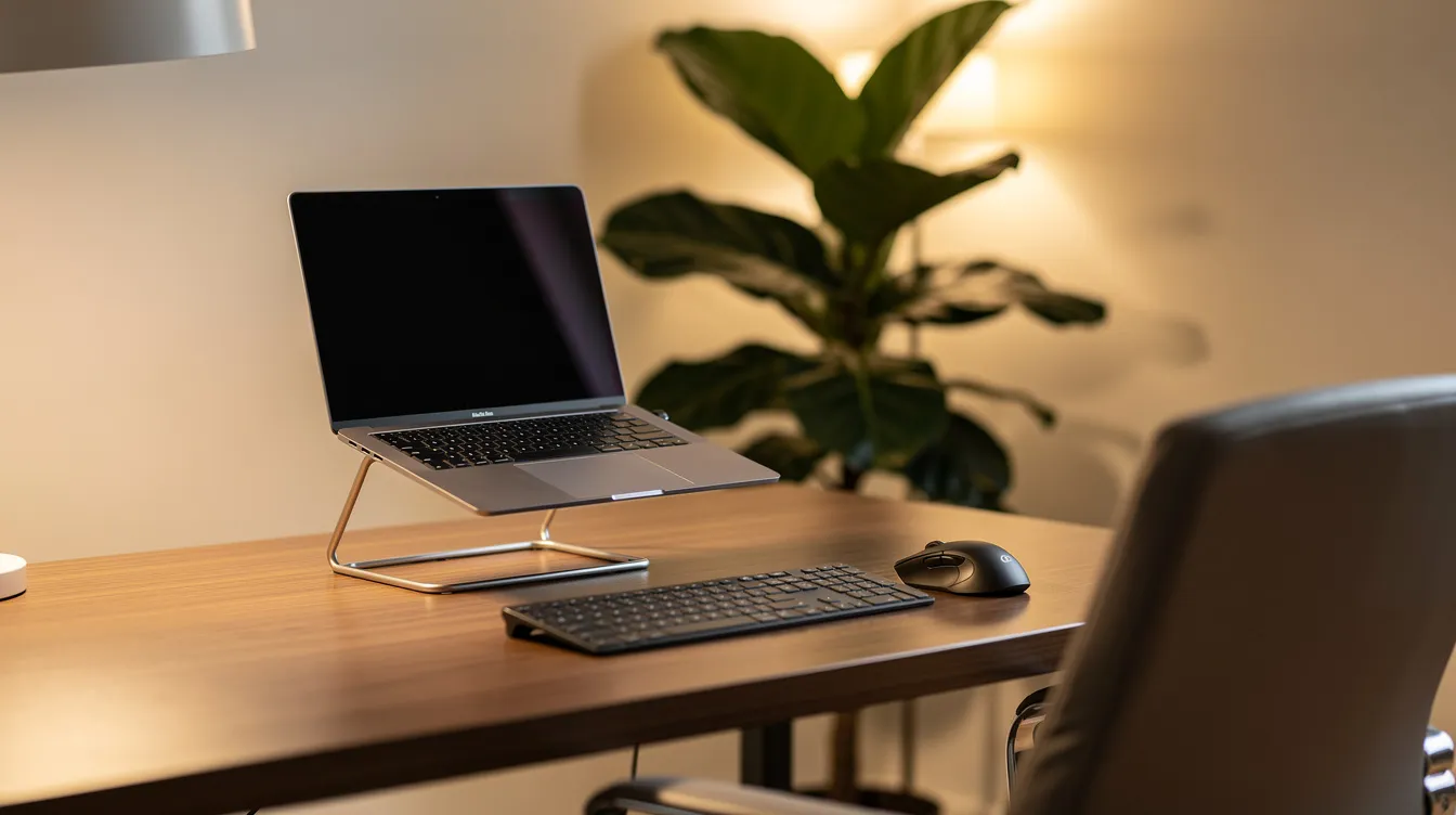 Ein moderner Home-Office-Schreibtisch mit einem Laptop auf einem stabilen Laptopständer, einer externen Tastatur und Maus. Im Hintergrund steht eine Pflanze, während warmes Licht den Arbeitsplatz gemütlich beleuchtet.
