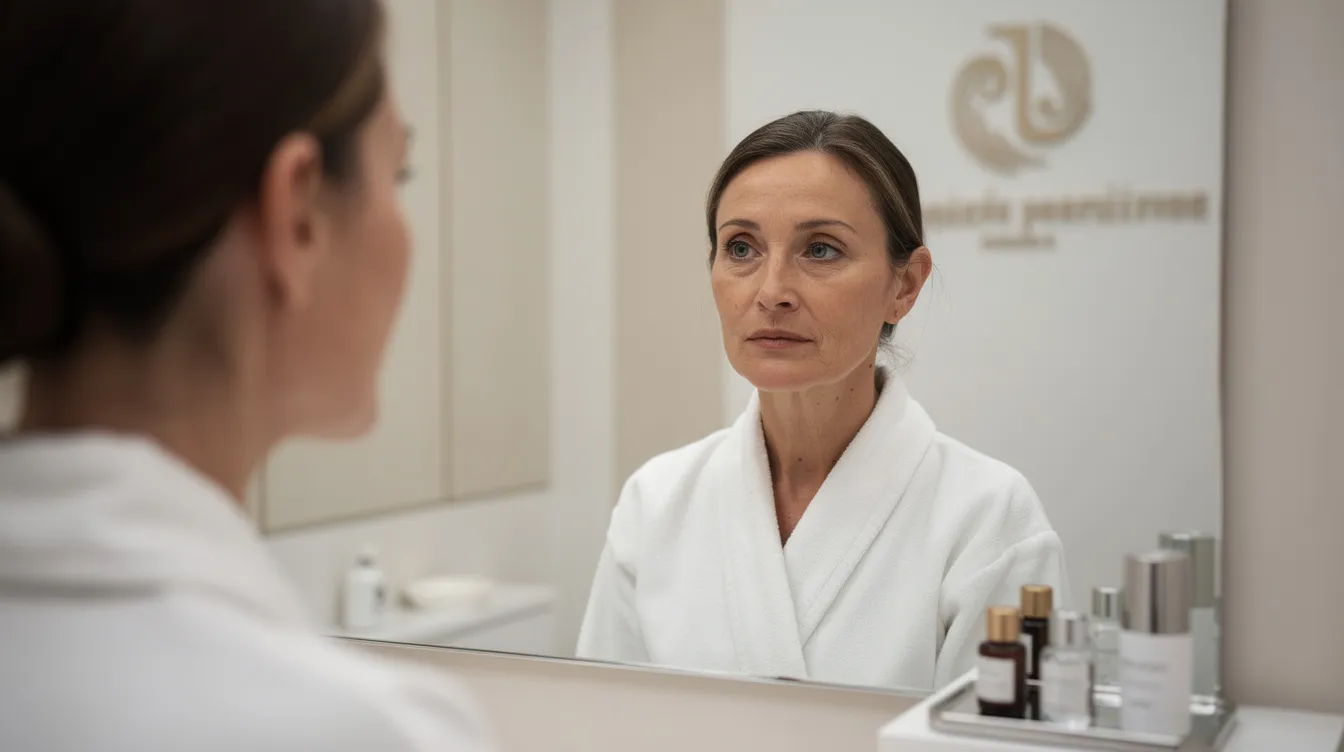 Una persona adulta se mira al espejo, evaluando su rostro antes de una consulta estética facial, probablemente relacionada con la blefaroplastia para tratar el exceso de piel en los párpados superiores e inferiores. Su expresión refleja una mezcla de curiosidad y preocupación por los posibles cambios en su apariencia.