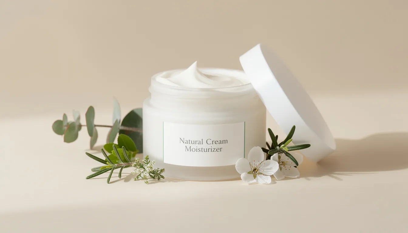 A minimalist container holds a natural cream moisturizer adorned with botanical accents, emphasizing its focus on natural ingredients for sensitive skin. This cruelty-free product is designed to enhance the skin barrier and provide hydration for various skin types, including acne-prone and dry skin.