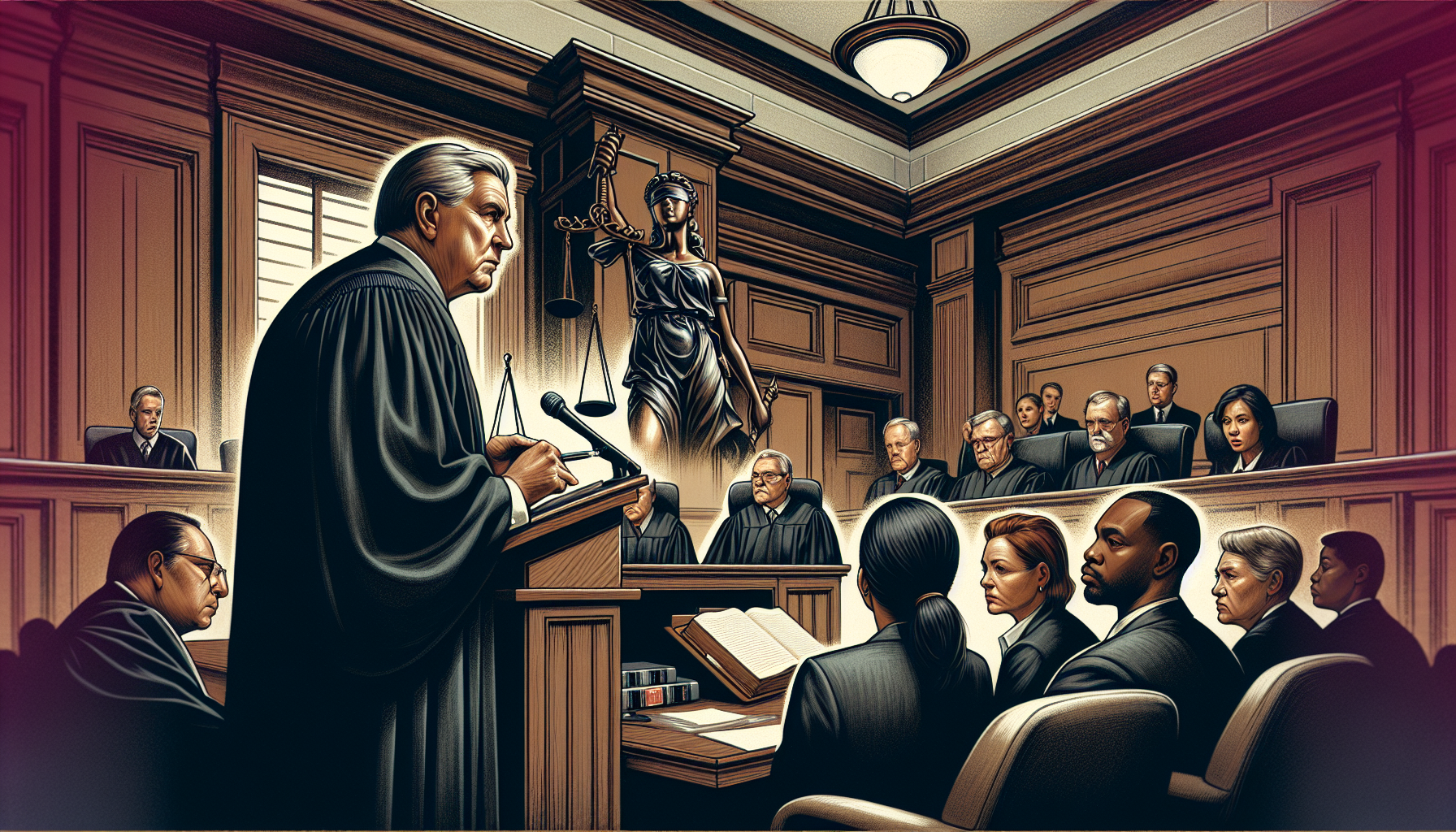 Illustration of a judge delivering a sentence in a federal court