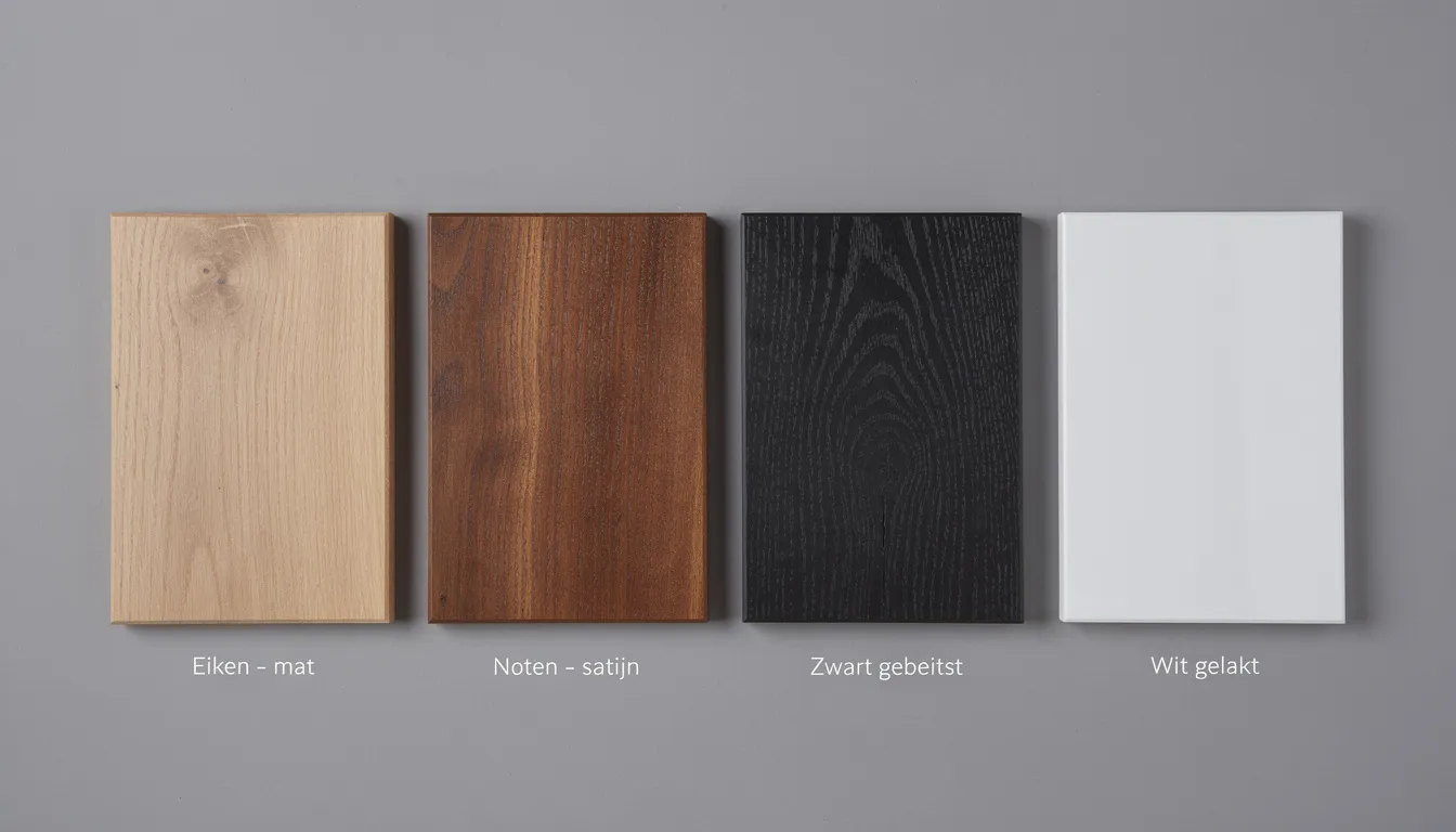 Close-up van verschillende houtsoorten en afwerkingen voor tv wanden, met een focus op luxe uitstraling en stijlvolle panelen die perfect passen in een moderne woonkamer. De verschillende texturen en kleuren bieden talloze mogelijkheden om een echte eyecatcher te creëren voor je interieur.