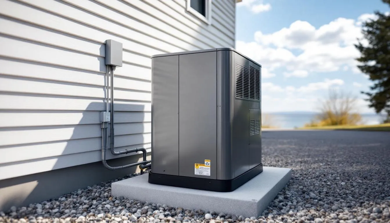 A heat pump unit is installed outside a residential home, showcasing an energy-efficient solution for heating and cooling. This system is designed to provide year-round comfort and savings, effectively managing air temperature for indoor spaces.